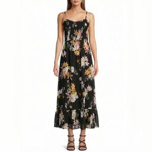 Tuchuzy Black Floral Smocked Back Maxi Dress XS Ruffle Tiered Boutique Floral